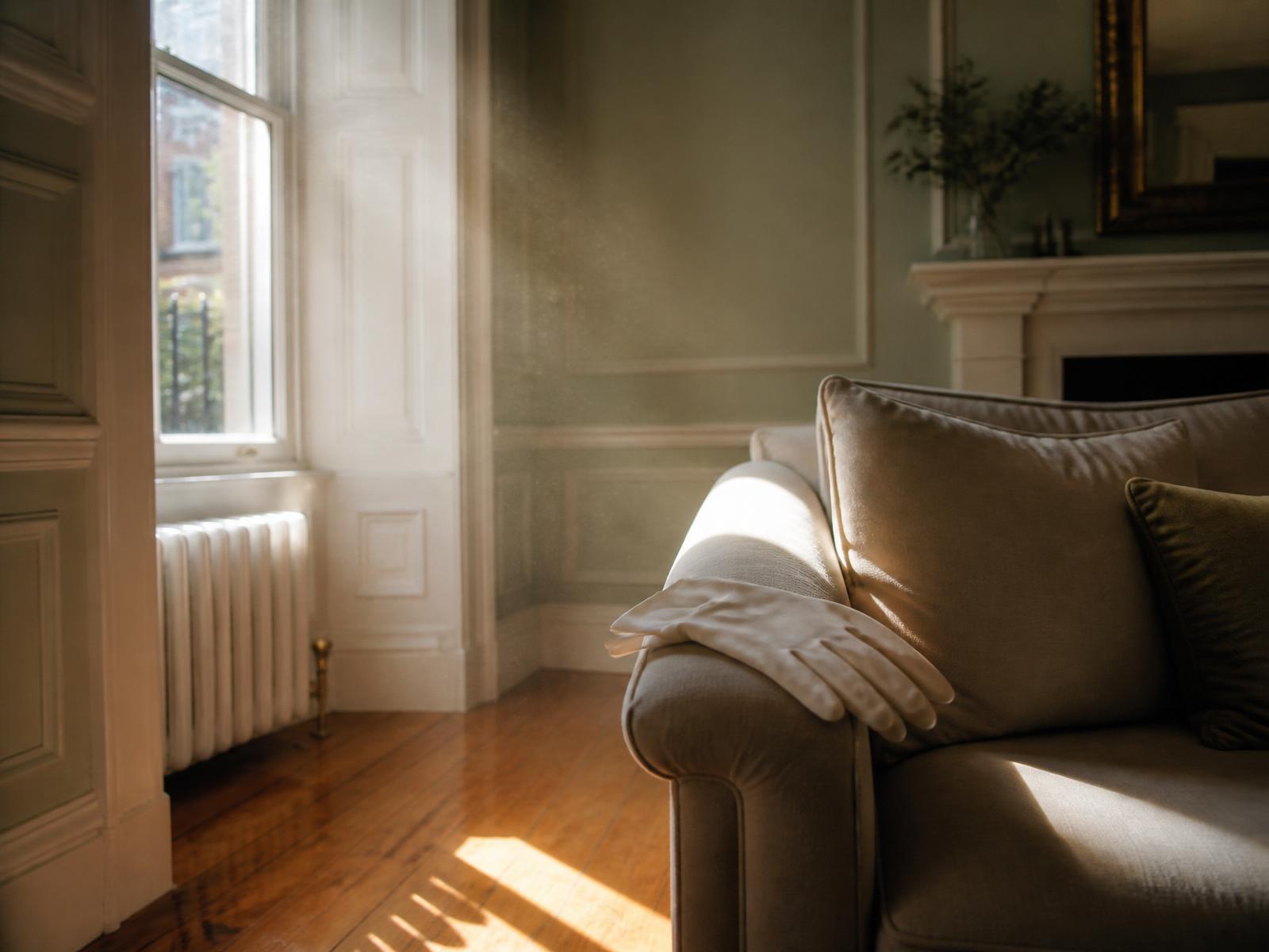 Warm sunlight through a London townhouse window on a freshly restored living room