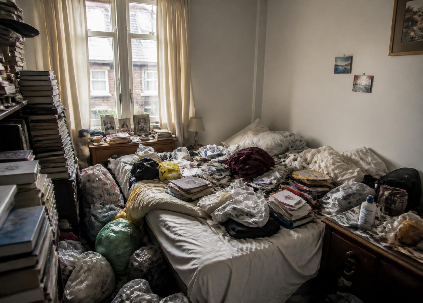 Bedroom with the bed buried under piles of clothes, books and shopping bags