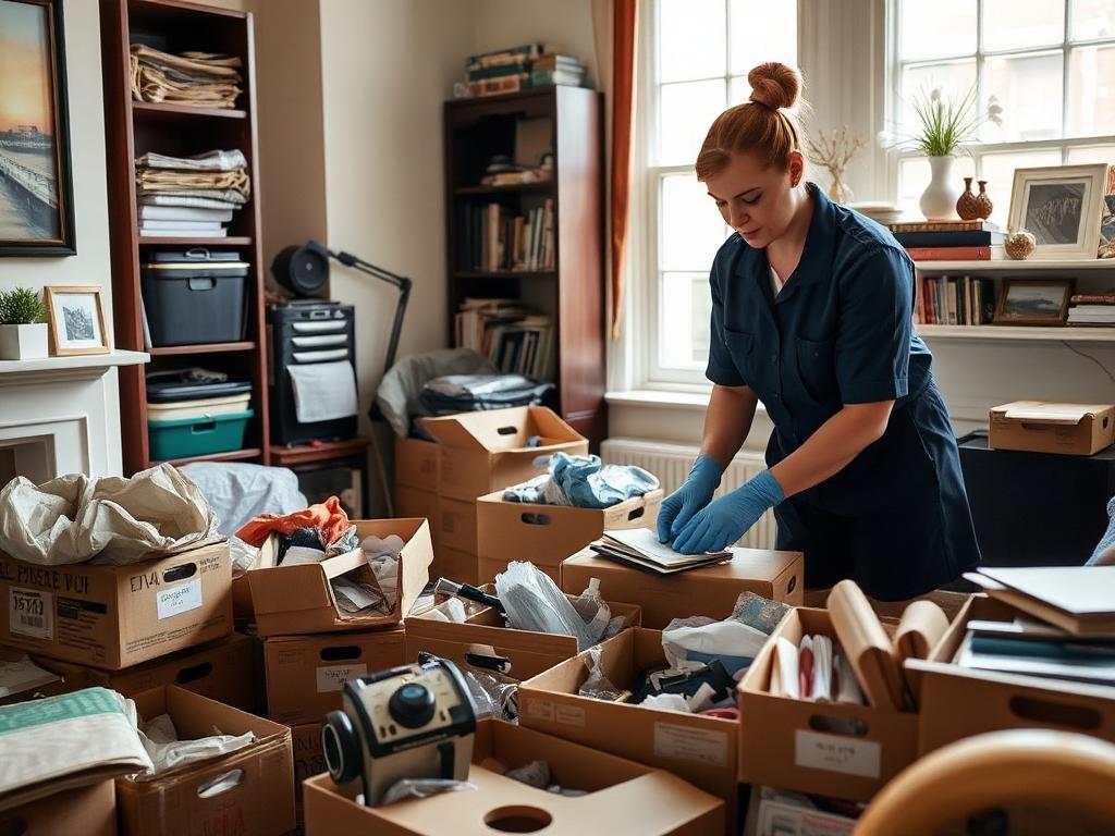 Specialist sorting cluttered household items into labelled boxes during a London hoarding clearance
