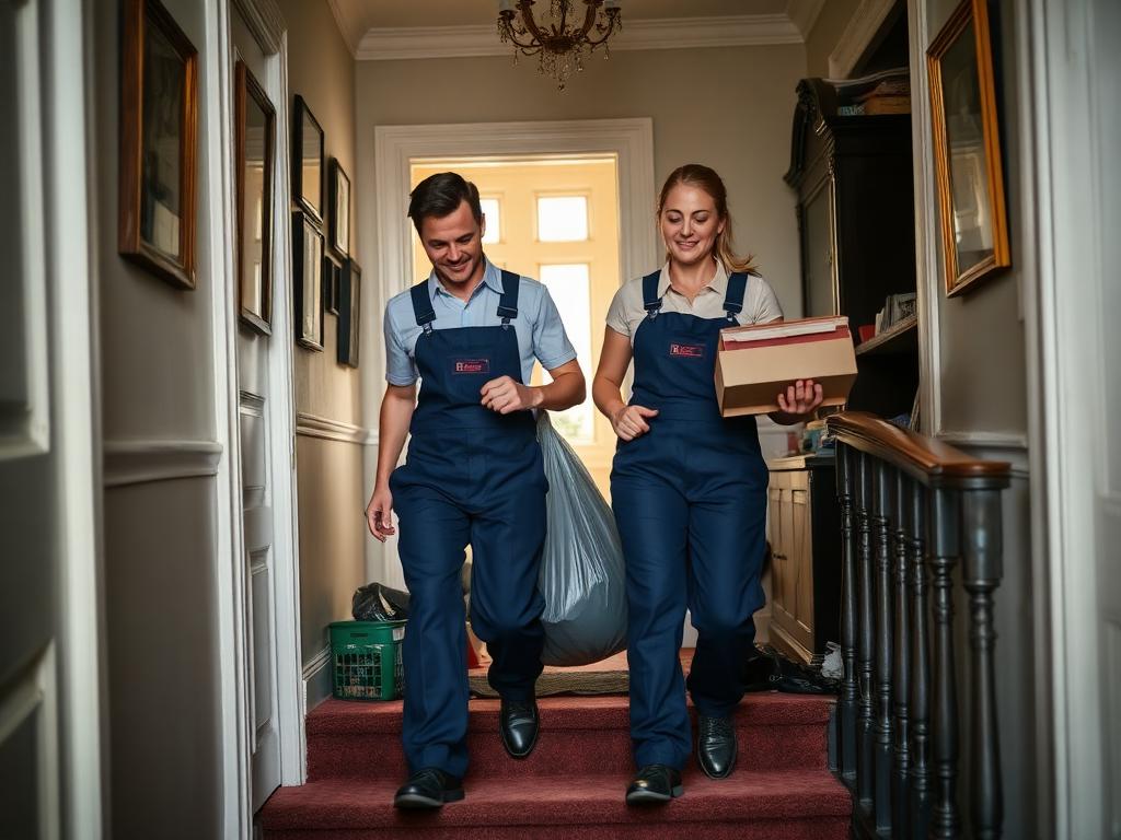 Two clearance specialists carrying a sealed bag and box down the stairs of a Victorian house