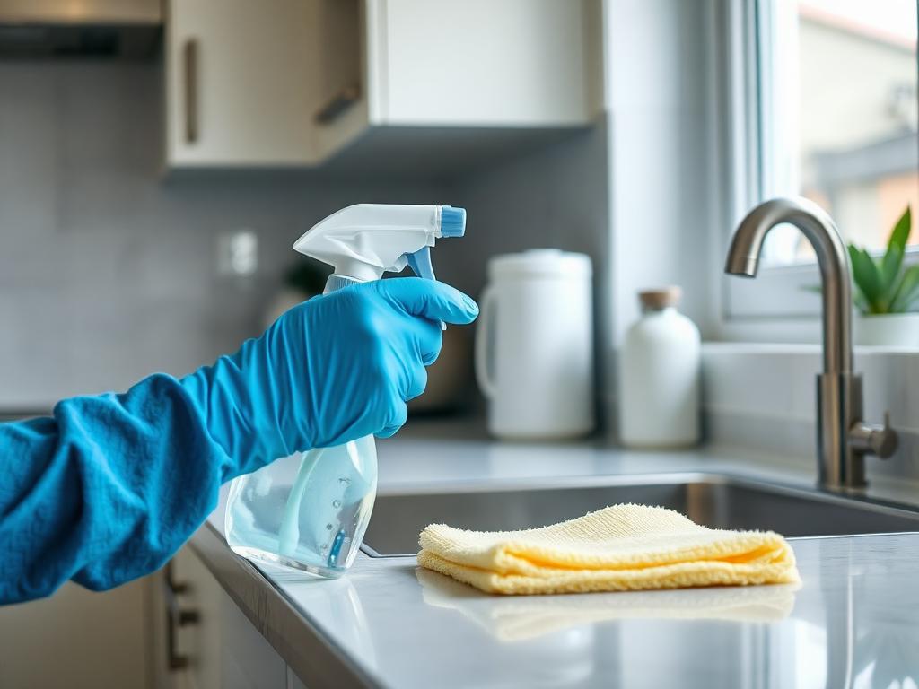 Gloved hand wiping a kitchen worktop after a respectful declutter and deep clean