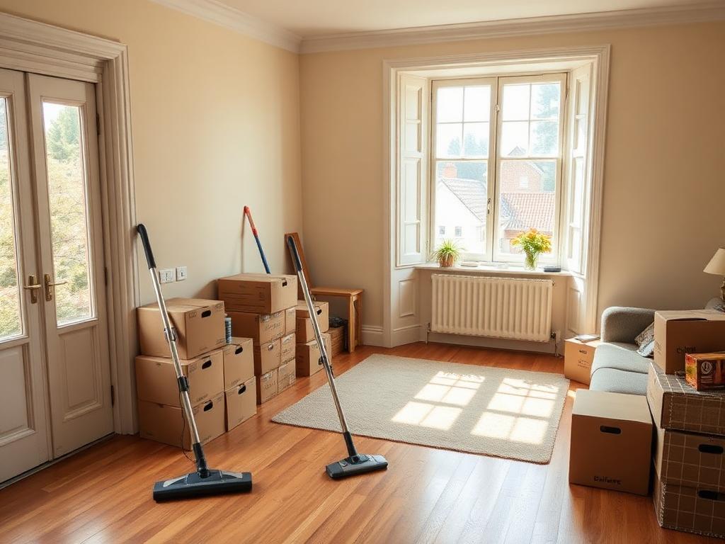 Decluttered living room after a hoarding clean-up, with neatly stacked donation boxes and freshly hoovered carpet