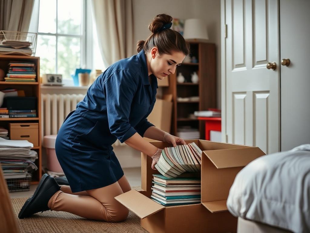 Bedroom hoarding clearance in progress, with a specialist carefully packing books into a labelled box