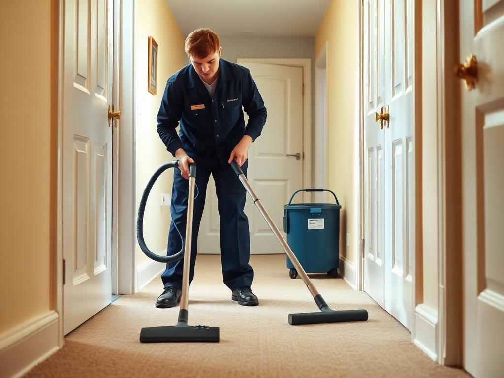 Specialist vacuuming a cleared hallway carpet in a London flat after a house clearance