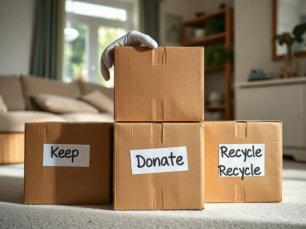 Labelled keep, donate and recycle boxes used during a respectful hoarding house clearance