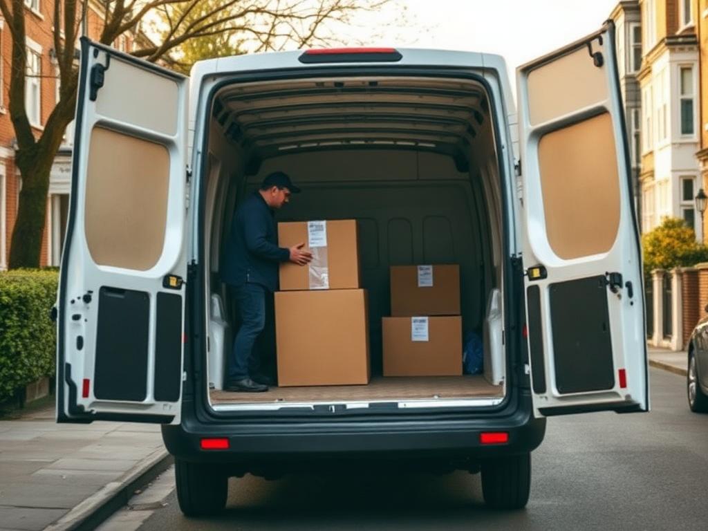 Clearance specialist loading sealed boxes into a van on a London street after a house clearance