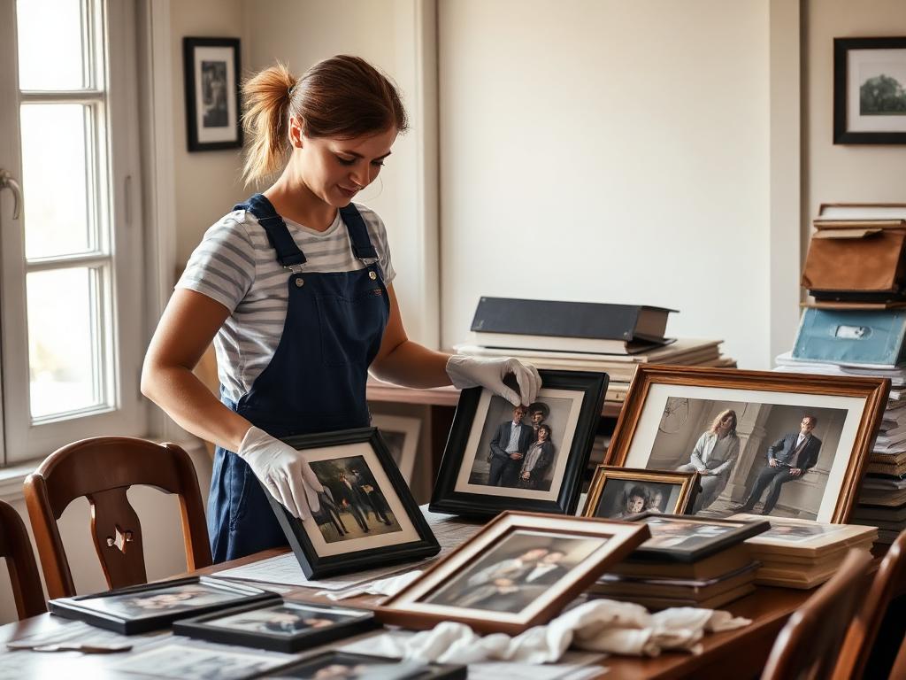 Cleaner gently wrapping framed family photographs during a sensitive hoarding clean-up