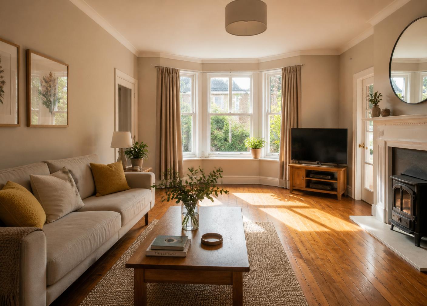 Bright restored London living room with polished floor and open curtains after clearance